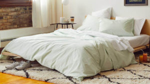 Brooklinen Linen Move-In Bundle Light yet cozy, our Linen is perfect for warm days or cool nights. Each piece is washed and dyed in small batches, giving this collection a playfully unique and individual character. Includes a Hardcore Sheet Bundle, Comforter, and two Pillows. $714+ • brooklinen.com